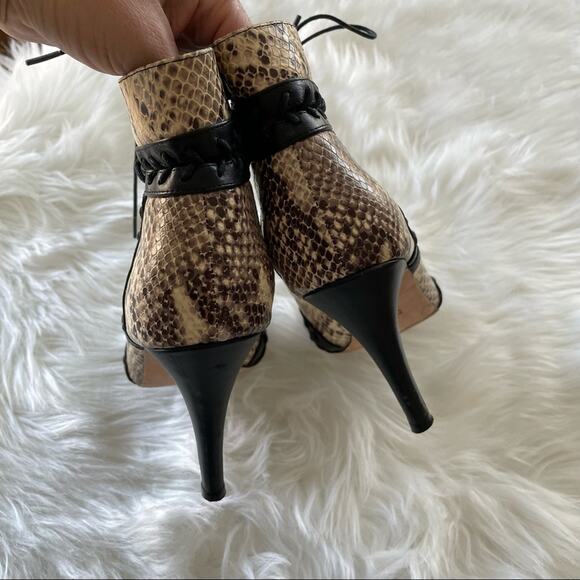 Cynthia Vincent | Magan Lace-Up Snake Embossed Leather Booties Stiletto Peep Toe - Picture 4 of 11